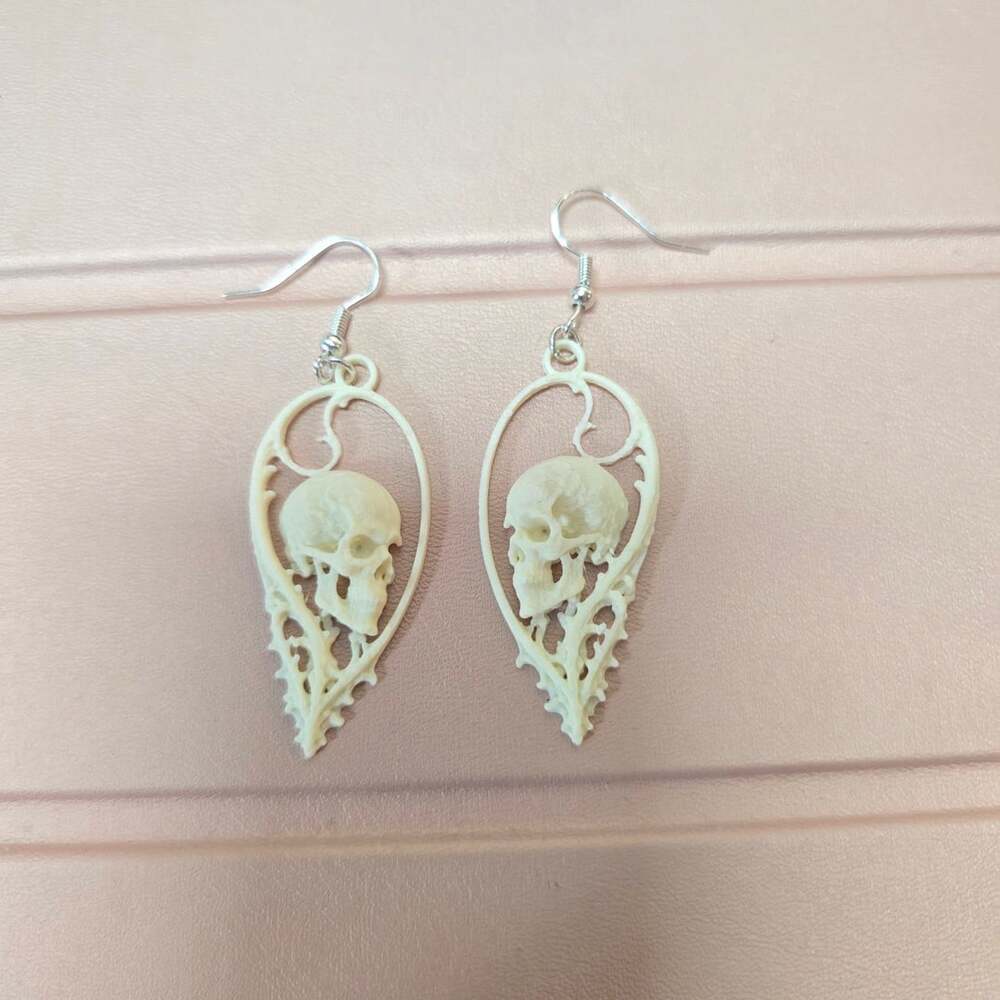 Gothic Skull Dangle Earrings Bone Color